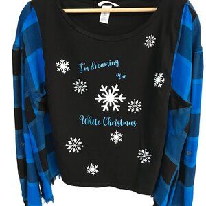 Upcycled Flannel Tee: Reworked Oversized White Christmas Snowflakes, Size L-2XL